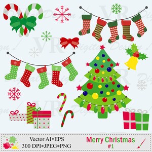 Merry Christmas Clip Art, Christmas Tree Clipart, Christmas Stockings Clip Art, Digital Download Vector Clip Art