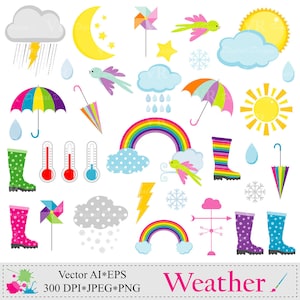 Weather Clip Art, Weather Clipart, Rain Clouds Sun Snow Storm Umbrella Pinwheel Clip Art, April Showers Digital Download Vector Clipart