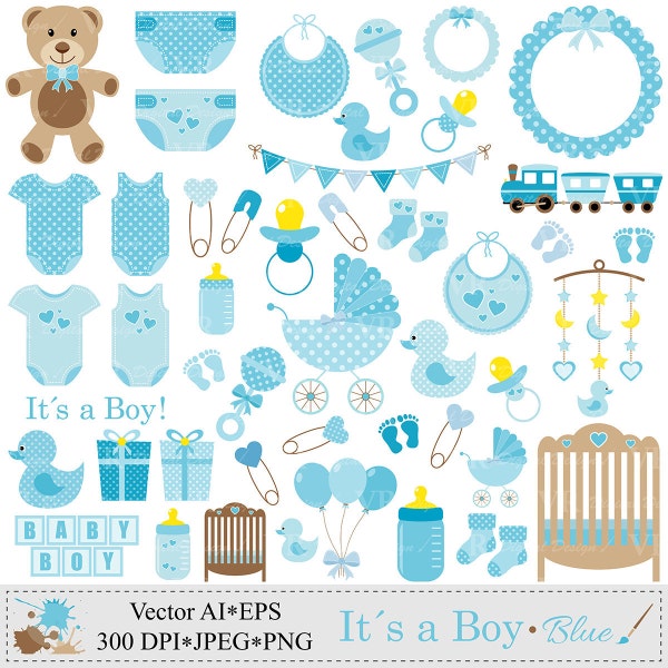 Baby Boy Clip Art, Blue Baby Shower Clipart, Nursery Clip Art, Baby Boy Vector Clipart, Baby Boy Onesie Clipart, Digital Download