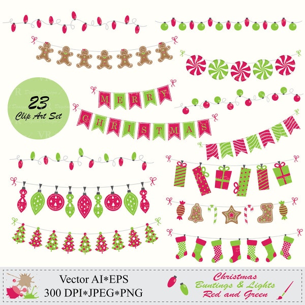Christmas Bunting Banners, String Lights Clip Art, Christmas Bunting Red Green Clipart, Instant Digital Download Vector Clip Art