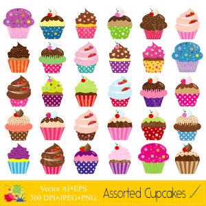 Surtido Cupcakes Clip Art, Lindo Cumpleaños Colorido Cupcakes Clipart, Party Cupcakes Clipart, Sweet Cupcakes Digital Download Vector