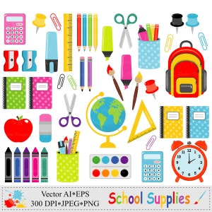 School Supplies Clip Art, Back to School Graphics, Stationery, Education, Teacher Vector Clipart, Digital Download