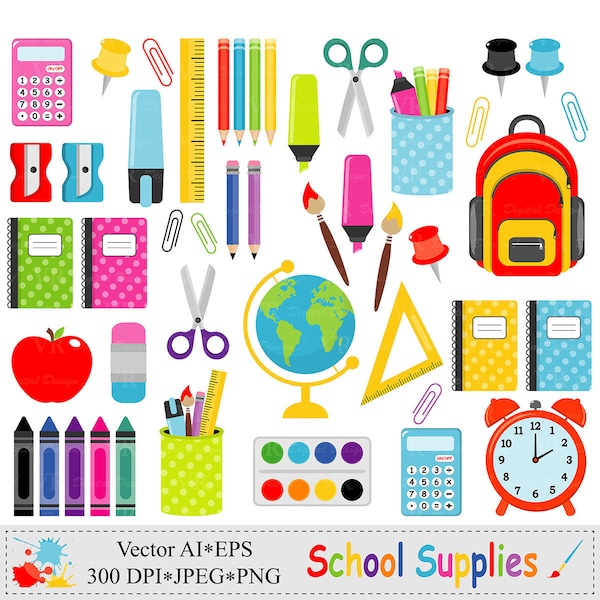 School Supplies Clip Art, Back to School Graphics, Stationery, Education, Teacher Vector Clipart, Digital Download