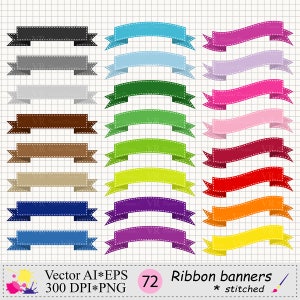 Digital Ribbon Banners Clipart, Stitched Ribbon Banner Clip Art, Rainbow Printable Ribbons / Banners Vector Clip Art