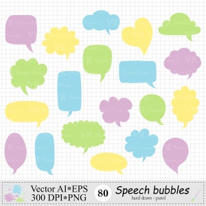 Blasen Clipart, handgezeichnete Text Wolken Clipart, Pastell digitale Chat Sprechblasen, Thought Bubble, Wort-Blase, Sprechblasen, Vektor