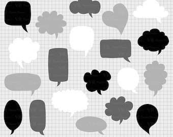 Speech Bubbles Clipart, Hand drawn Text Clouds Clipart, Black and White Digital Chat Bubbles, Thought Bubble, Conversation Bubble, Vector
