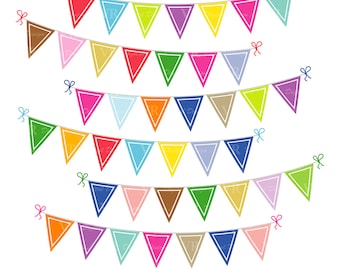 Fanion coloré Bunting bannières Clip Art, fête d’anniversaire, guirlande de fanions bannières Clipart, guirlande de fanions drapeaux téléchargement numérique Vector Clip Art