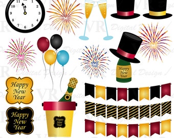 New Year Clip Art, Champagne Clip Art, New Year Instant Digital Download, New Year Vector,  New Year Scrapbook Clipart,  Firework Clip Art