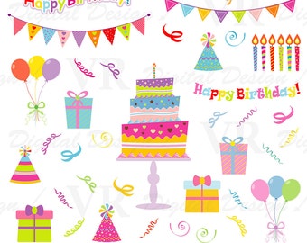 Birthday Clip Art, Happy Birthday Instant Digital Download Scrapbooking Clipart, Birthday Vector Clip Art, Birthday Cake Clipart