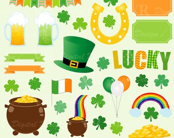 St Patricks Day Digital Download Vector Clip Art, Shamrock Clover Clipart, Irish Clipart, Pot of Gold, Horseshoe Clipart