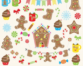 Christmas Gingerbread Clip Art, Gingerbread House, Cookies, Candy Cane, Christmas Cupcakes Clipart, Gingerbread Digital Download Vector