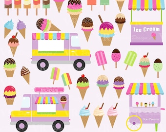 Ice Cream Clip Art, Ice Cream Vans Clip Art, Popsicles, Cones, Ice Cream Stand Clipart, Digital Vector Download