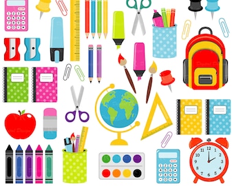 School Supplies Clip Art, Back to School Graphics, Stationery, Education, Teacher Vector Clipart, Digital Download