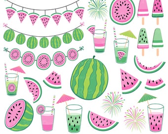 Watermeloen clipart, zomer fruit illustraties, roze watermeloenen digitale Clip Art, cute watermeloen graphics, Vector Download