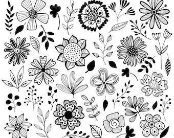 Floral doodles clipart, Flowers doodle clipart, Hand drawn flower, leaves and stems, Botanical digital design elements download