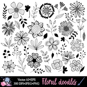 Florale krabbels clipart, Bloemen doodle clipart, Hand getekende bloem, bladeren en stengels, Botanische digitale design elementen te downloaden