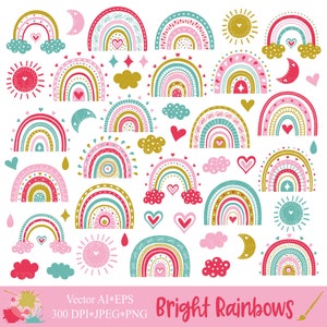 Clipart de arco-íris brilhante, ilustração colorida de arco-íris fofo, conjunto de clipart digital infantil, download de vetores
