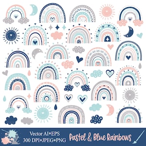Clipart de arco-íris pastel e azul, ilustração de arco-íris bonito, gráficos infantis, download de vetor de clip art digital
