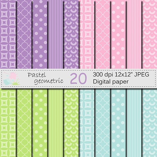 SALE 50% Pastel Geometric Digital Paper Set, Pastel Digital Scrapbook papers, Pink, Purple, Blue, Green Digital Papers, Instant Download