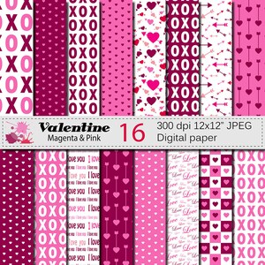 Valentine Digital Papers with Hearts and Arrows, Valentines Day Magenta and Pink Digital Scrapbook Paper, Love Papers Digital Download