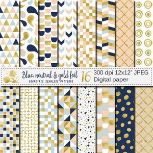 Blue, neutral and gold foil digital paper, Seamless geometric patterns, Modern scrapbook papers download