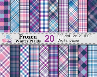 Winter Plaid Digital Paper, "FROZEN WINTER" Plaid Pattern, Blue Purple Pink Plaid Printable Scrapbook Paper, Digital Download