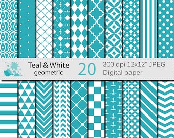 VENDA Conjunto de papel digital geométrico azul-petróleo e branco 50%, papéis digitais geométricos, papéis para scrapbooking branco-azulado, download digital instantâneo