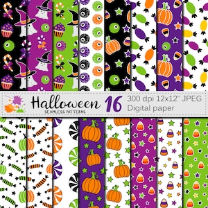 Puede incluir: Conjunto de 16 patrones de papel digital de Halloween con varios diseños que incluyen fantasmas, brujas, calabazas, maíz dulce, ojos, cupcakes, estrellas y bastones de caramelo. Los patrones son de varios colores, incluyendo morado, verde, negro, naranja y blanco. Los patrones son sin costuras y se pueden usar para una variedad de proyectos de manualidades.