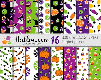 Halloween digital paper with candy corn, ghost, pumpkin, Cute Trick or Treat seamless patterns, Happy Halloween background