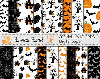 Halloween Digital Papers with Haunted House, Pumpkin, Bats, Spider, Haunted Tree, Black and Orange Digital Scrapbook Paper, Download