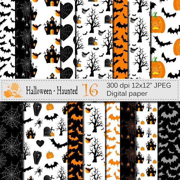 Halloween Digital Papers with Haunted House, Pumpkin, Bats, Spider, Haunted Tree, Black and Orange Digital Scrapbook Paper, Download
