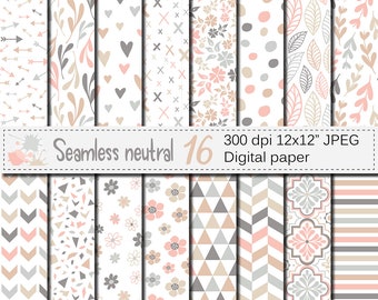 Seamless Neutral Digital Paper Pack, Neutral Flowers and Leaves paper, Neutral floral patterns, Neutral Geometric Scrapbooking Papers