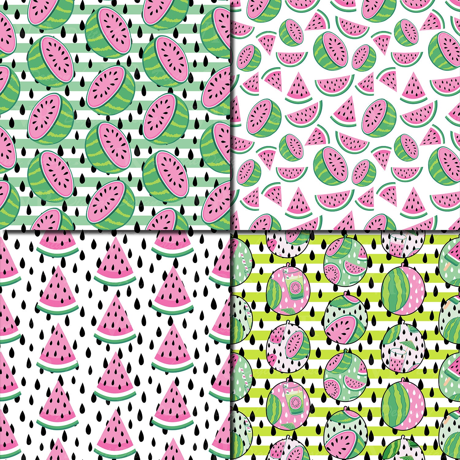 Watermelon Patterned Paper Watermelon Digital Paper, Cute Summer Fruit Digital Papers, Pink and ...