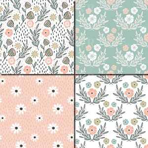 May include: Four seamless floral patterns in a pastel color palette. The patterns feature different floral designs, including wreaths, sprigs, and individual flowers. The patterns are perfect for use in digital scrapbooking, crafting, and other creative projects.