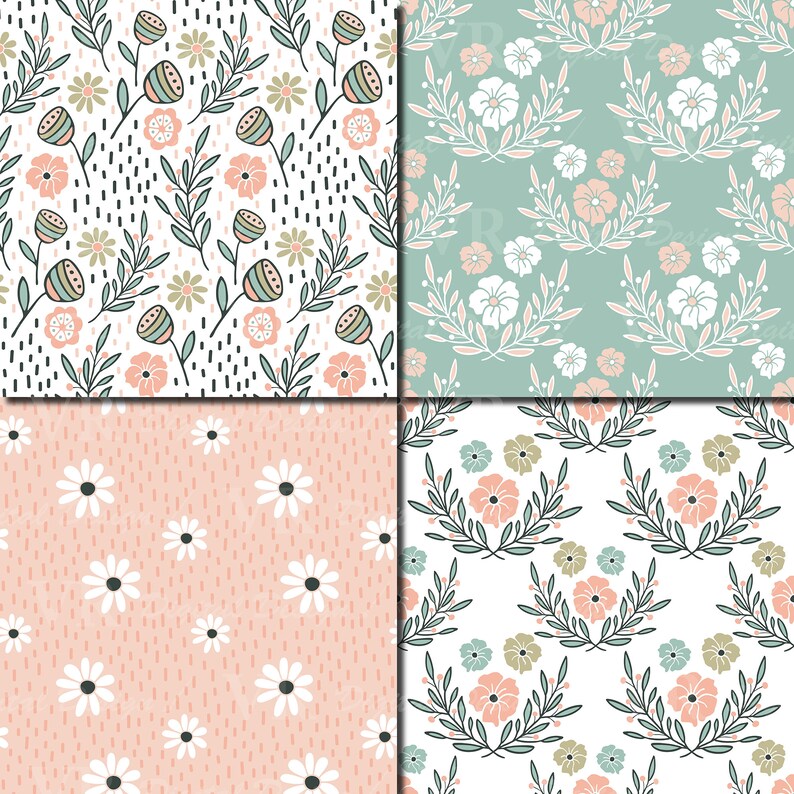 May include: Four seamless floral patterns in a pastel color palette. The patterns feature different floral designs, including wreaths, sprigs, and individual flowers. The patterns are perfect for use in digital scrapbooking, crafting, and other creative projects.