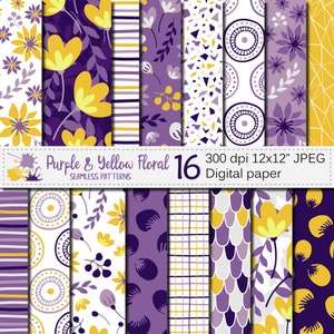 Lila und gelb Floral Digitalpapier, Blumen nahtlose Muster, Scrapbook Papier