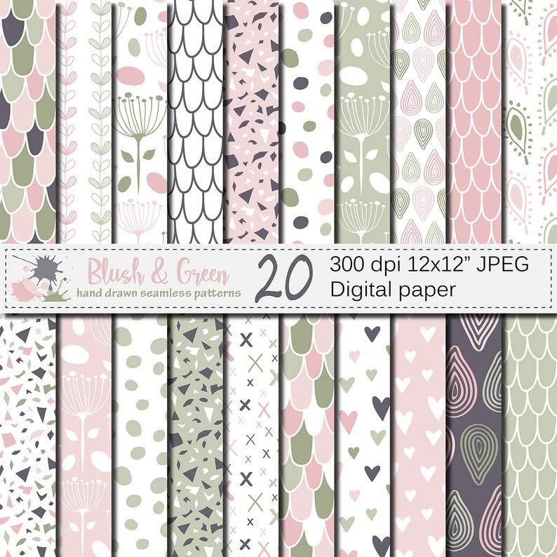 Blush Pink and Green Seamless Digital Paper, Hand Drawn Scales, Hearts ...