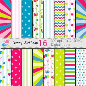 Gelukkige verjaardag digitale papier instellen met ballonnen en geschenken, Kids Birthday Party Scrapbook papier, verjaardag patronen Instant Download