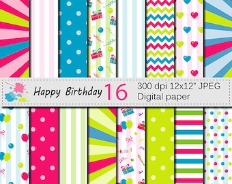 Happy Birthday Digital Paper Set with balloons and presents, Kids Birthday Party Scrapbook papers, Birthday patterns Instant Download