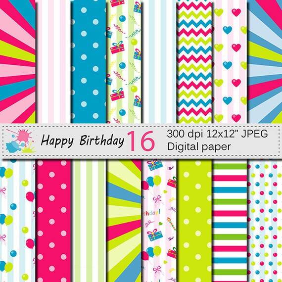 Happy Birthday Digital Paper Set with balloons and presents, Kids Birthday Party Scrapbook papers, Birthday patterns Instant Download