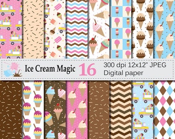 Ice Cream Digital Paper Set with Cones and Popsicles, Summer Digital Scrapbook Papers, Ice Cream Patterns, Instant Download