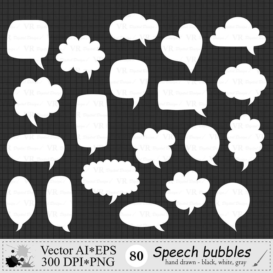 Speech Bubbles Clipart, Hand Drawn Text Clouds Clipart, Black and White Digital Chat Bubbles