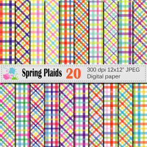 Puede incluir: Veinte diseños de papel digital con patrones de cuadros coloridos en varios colores, incluidos rojo, azul, verde, amarillo y rosa. Los patrones son de 12x12 pulgadas y 300 dpi. El texto "Spring Plaids 20" se muestra en la parte superior de la imagen.