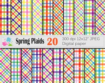 Conjunto de papel digital xadrez de primavera, papéis de scrapbook digitais xadrez coloridos brilhantes, padrões xadrez, download instantâneo