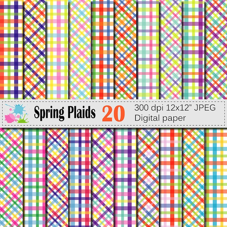 Spring Plaid Digital Paper Set, Bright Colorful Plaid Digital Scrapbook ...