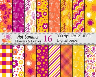 Summer Digital Paper, Bright Flowers and Leaves Digital Paper, "Hot Summer" Printable Scrapbook Paper, Orange Yellow Magenta Paper