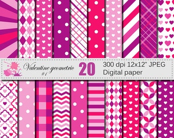 Valentines Day Geometric Purple Pink Digital Paper with Hearts, Polka Dots, Argyle, Stripes, Plaid Valentine papers, Download