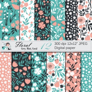 Carta digitale floreale senza cuciture, reticolo senza giunte di fiori disegnati a mano, grigio menta corallo floreale primavera Scrapbook stampabile carta