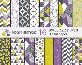 Seamless Modern Geometric Digital Paper, Geometric patterns, Modern backgrounds, Purple Lime Gray Digital Papers, Instant Download