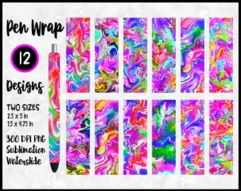 Colorful Marble Pen Wrap Bundle for Sublimation or Waterslide / Fluid Rainbow Abstract Ink Joy Epoxy Pen Wraps / Download